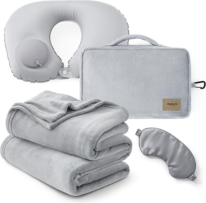 Bedsure Travel Blanket Set with Inflatable Neck Pillow and Eye Mask - Lightweight 3-in-1 Airplane Packable Blanket, Compact Travel Essentials, Grey by Unknown