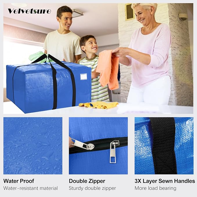 VELVETSURE 12 Pack Heavy Duty Extra Large Moving Bags W/Backpack Straps - Strong Handles & Zippers, Storage Totes For Space Saving, Fold Flat, Alternative to Moving Box and Storage Bin, Multicolor - Image 3