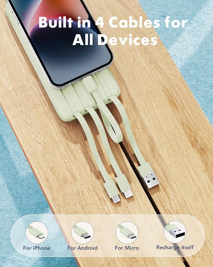 charmast Portable Charger with Built-in Cables X 4, Portable Phone Charger | 10000mAh USB C Battery Pack for All Phones Tablets,Cables Reinforced,Charge 6 Devices at Once,for Women Teens Students - Image 2