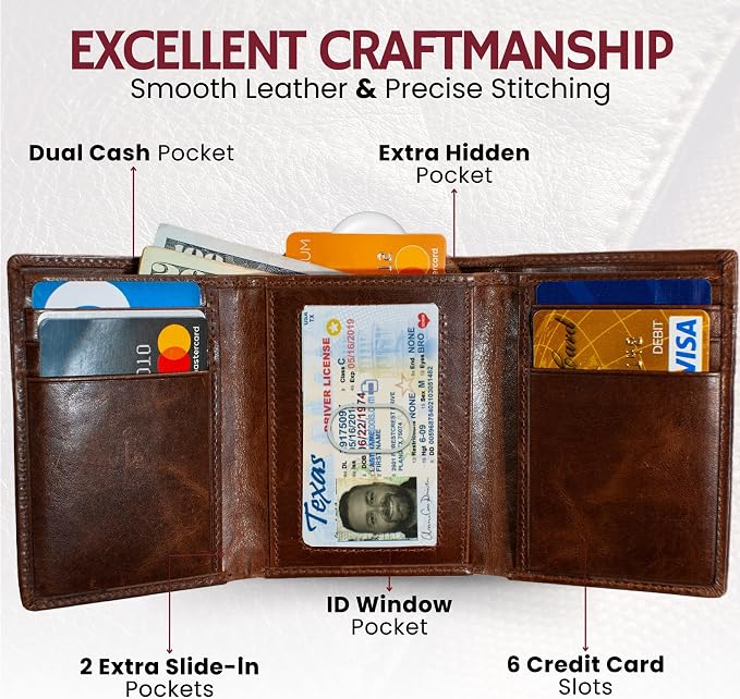 BULL GUARD Best Leather Men's RFID Trifold Wallet With ID Great Outdoor Wallet Durable Top Grain Leather Forest Brown, Double Cash Comparment with Secret Pocket, Compact & Secure Design, In Gift Box - Image 2