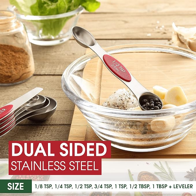 Spring Chef Stainless Steel 8 Magnetic Measuring Spoons Set, 2 Pack, Red | Nesting Teaspoon & Tablespoon Measuring Spoons w/ Leveler for Dry & Liquid Ingredients, Measure Spoons For Baking & Cooking - Image 4