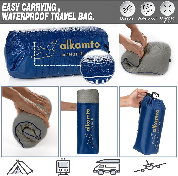 alkamto Travel & Camping Comfortable Memory Foam Pillow – Easy to Carry Portable Bag – Temperature Regulating Pillow Case (Grey) - Image 5