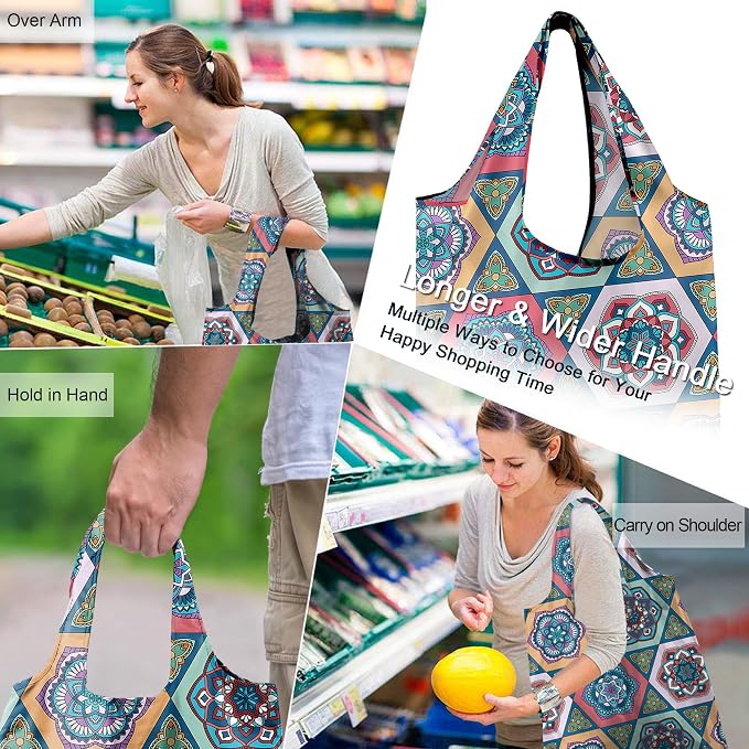 BeeGreen Boho Gifts for Women Geometric Reusable Grocery Bags Mandala Shopping Bags Bulk 6 Pack 50LBS X-Large Foldable-Machine Washable-Heavy Duty Mandana Yoga Gifts - Image 2