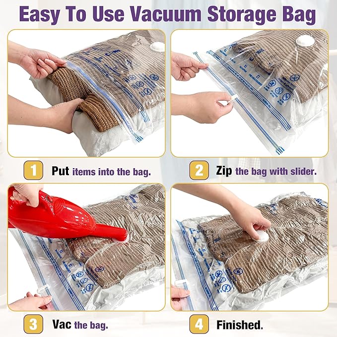 HIBAG Vacuum Storage Bags, 10-Pack Vacuum Seal Bags for Clothing Clothes, Space Saver Bags (2 Jumbo, 2 Large, 2 Medium, 2 Small, 2 Roll-up) with Pump (10-Combo) | Various Size, Airtight Triple Seal, Save 80% Space, Hand Pump, Work with Vacuum, Double Z... - Image 4