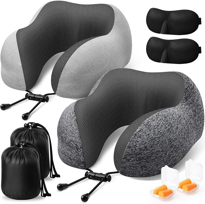ExploreBliss Travel Pillow, Neck Pillow Airplane, Grey & Light Grey | Travel Pillows for Airplanes, Neck Pillow Airplane, Memory Foam Neck Pillow Set with Eye Mask, Earplugs by ExploreBliss
