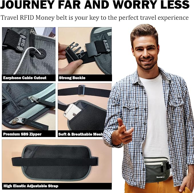 RFID Blocking Passport Holder Travel Pouch for Men & Women - Hidden Money Belt with Anti-Theft Locking Zipper, Slim Waterproof Waist Wallet for Cash, Credit Cards, Passport & Travel Documents, Grey - Image 8