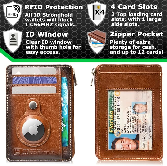 ID Stronghold RFID Blocking Front Pocket Wallet – Slim Minimalist Genuine Leather Wallet with Zipper Coin Pocket (Airtag Antiqued Brown) - Image 3