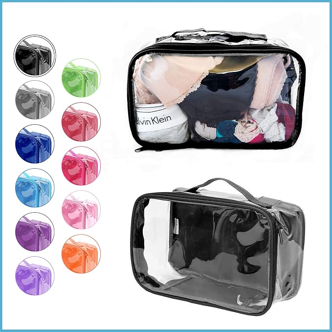 Small Clear Travel Packing Cube/See Through PVC Plastic Pouch for Carry On Suitcase, Backpack or Diaper Bag/Transparent Multipurpose Accessories, Makeup & Underwear Organizer w/Handle (Black) - Image 2