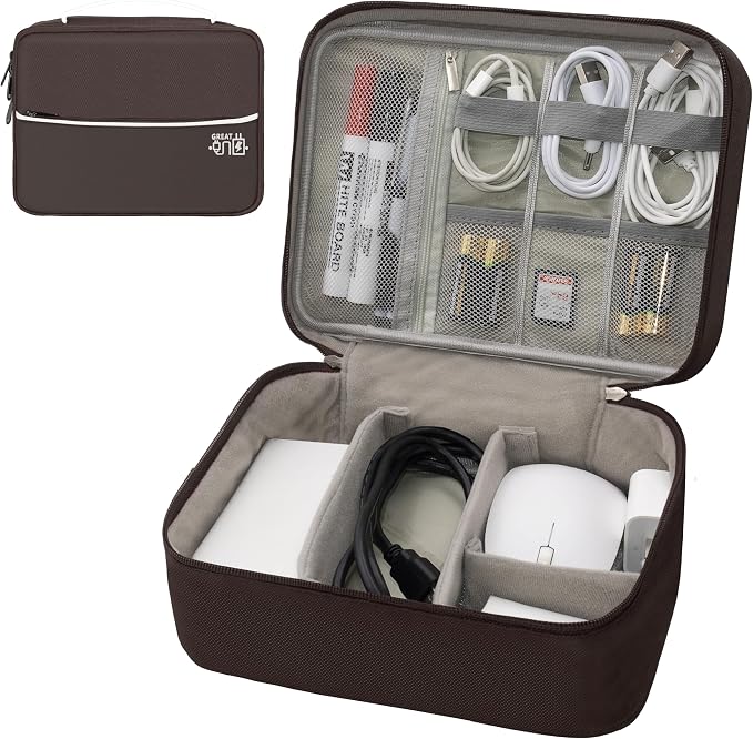 Electronics Organizer,Travel Cord Organizer Pouch,Cable Organizer Bags | Waterproof Electronic Accessories Storage Case for Cables, Cords, Charger, Phone (Double Layer-Brown) by Miavers