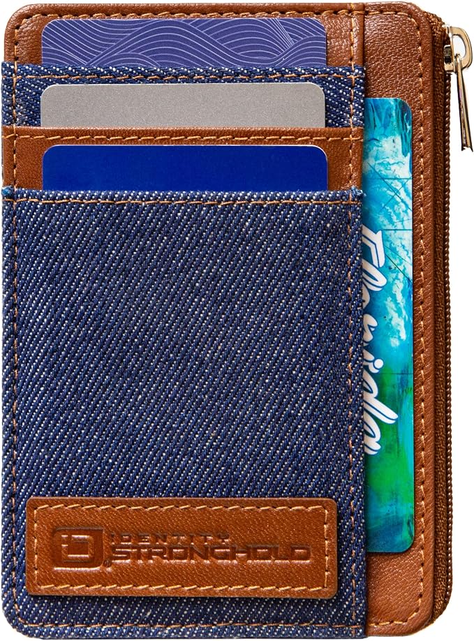 ID Stronghold RFID Blocking Front Pocket Wallet – Slim Minimalist Genuine Leather Wallet with Zipper Coin Pocket (Denim) - Image 2