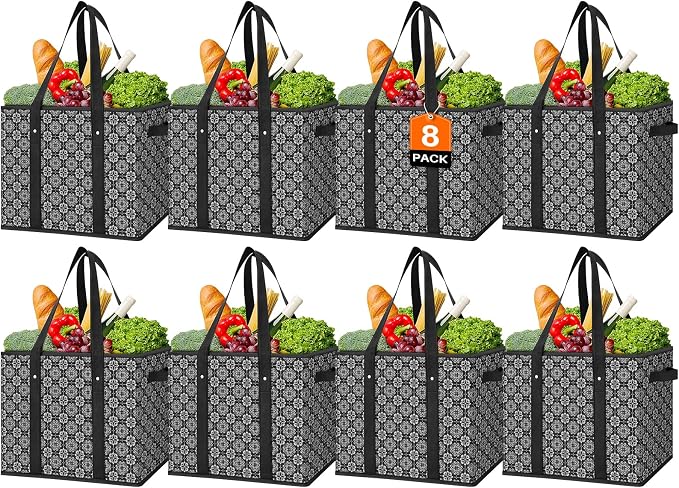 Reusable Grocery Bags 8 Pack, Foldable & Water Resistant Shopping Bags | Large Grocery Tote Bag Water Resistant Shopping Bags Foldable Grocery Bag for Clothes,Shoes and Picnic by WiseLife