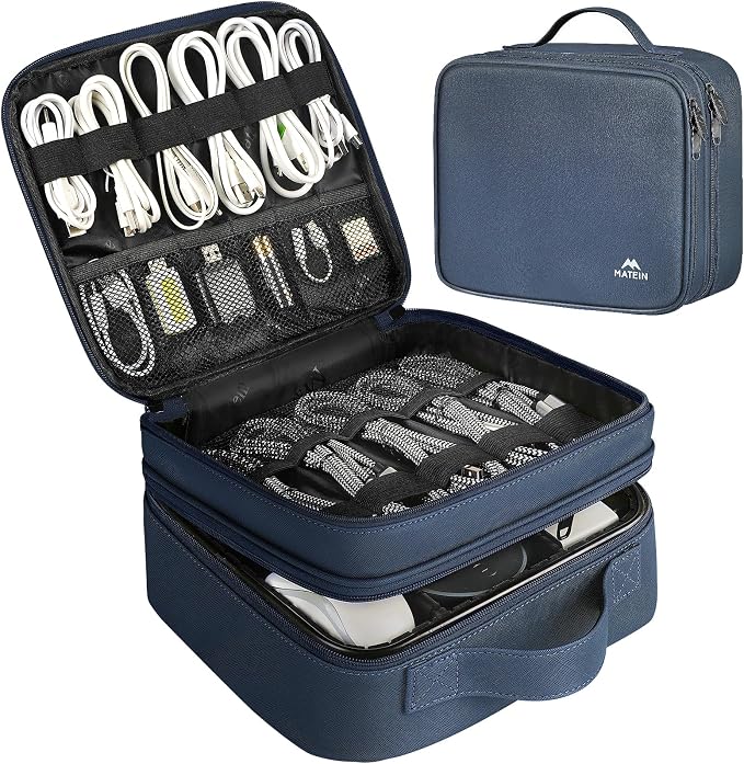 MATEIN Cord Organizer Case with Adjustable Divider, DJ Cable File Bag | Electronic Storage, Tech Accessories, Charger Cable Organizer, Cord Bag, Double Layer, Shockproof, USB Cable Organizer, Blue by MATEIN