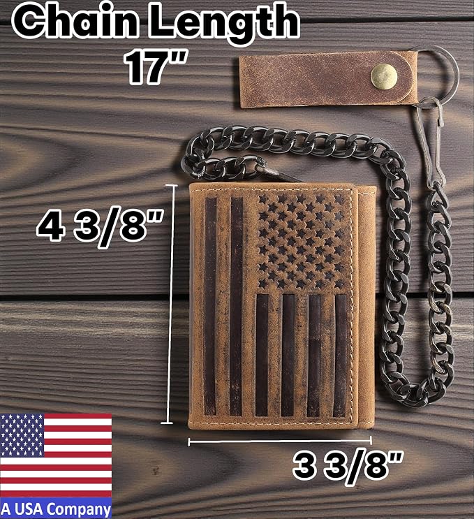 F&L CLASSIC RFID Blocking Men's Tri-fold Vintage Biker Cowhide Leather Steel Chain Wallet,Snap closure, brown,flag,315-100 - Image 2