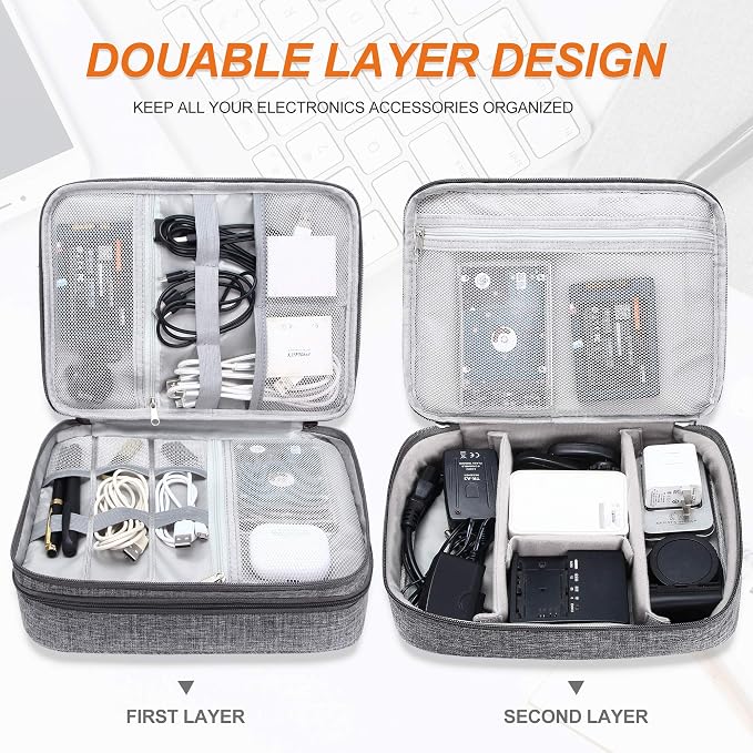 SELLYFELLY Electronic Bag Travel Cable Accessories Bag Waterproof Double Layer Electronics Organizer Portable Storage Case for Cable, Cord, Charger, Phone, Adapter, Power Bank, Kindle, Hard Drives - Image 3