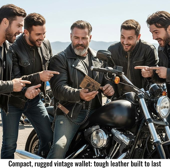 F&L CLASSIC RFID Blocking Men's Tri-fold Vintage Biker Cowhide Leather Steel Chain Wallet,Snap closure, brown,skull,315-70 - Image 6