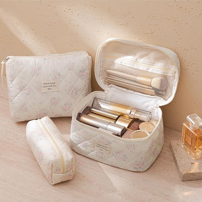 HBselect Quilted Makeup Bag, 3Pcs Cotton Large Travel Makeup Bags Organizer | Cute Floral Make up Bag Cosmetic Bag Toiletry Bag for Women Girls, Makeup Pouch for Skincare, Brushes & Travel Essentials - Image 3