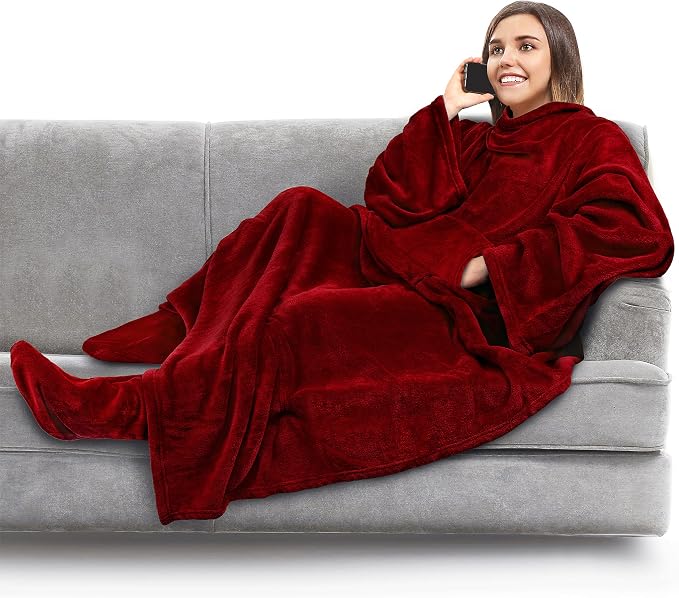 PAVILIA Fleece Blanket with Sleeves, Foot Pockets for Women Men Adults, Plush Wearable Blanket Throw Wrap, Warm Snuggle Blanket Robe, Cozy Gift Ideas Wife Mom, Burgundy Red by PAVILIA