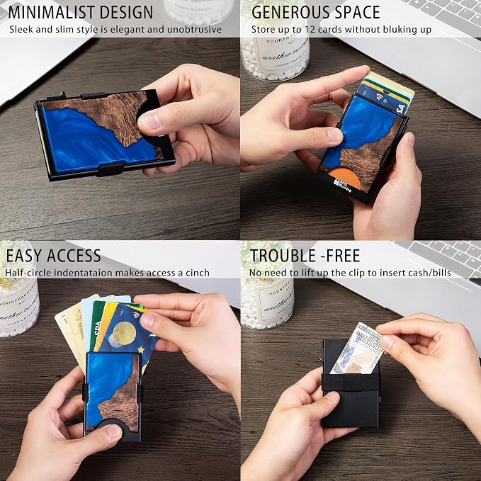 Slim Card Holder Wallet for Men, Minimalist RFID Blocking Pop Up Wallet, Smart Metal Business Card Case Holds 12 Cards, Money Clip, Front Pocket Wallet, Gifts for Men - Image 4