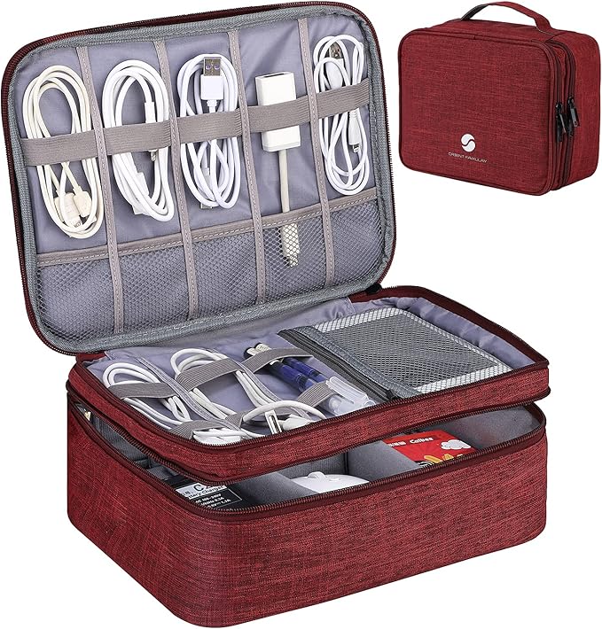 Travel Electronics Organizer, Waterproof Cable Organizer Bag for Electronic Accessories Double Layer Large Shockproof Cable Storage Bag for Cord, Power Bank, Tablet(Up to iPad 11 inch) - Wine Red by ORIENTFAMULAY
