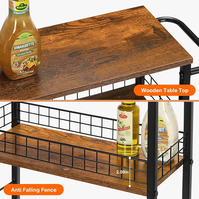 YBING Slim Storage Cart 4 Tier Narrow Kitchen Rolling Cart | Wooden Tabletop, Mobile Utility Stand on Wheels, For Bathroom Laundry Narrow Places, Rustic Brown 16.5"L x 7.3"W x 34.6"H - Image 3