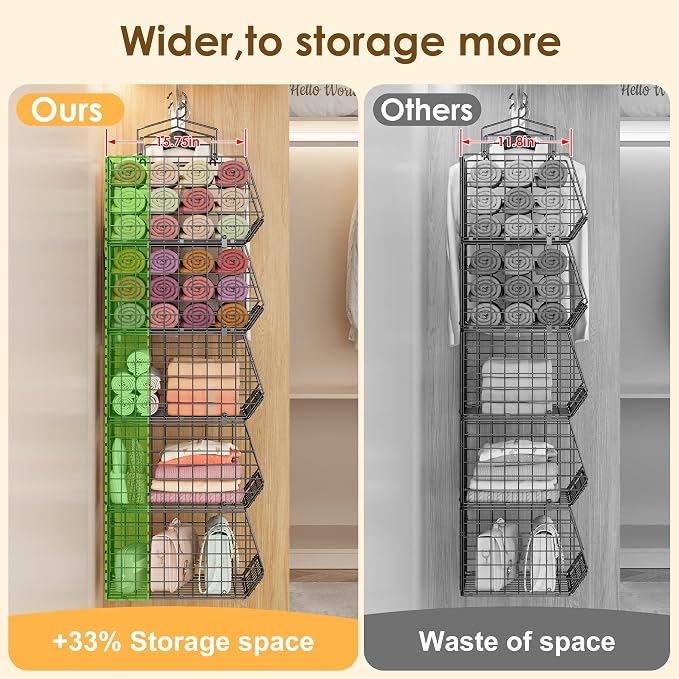 Capacity Upgrade Edition Deeper 4'' 5 Tier Foldable Hanging Closet Organizer and Storage，Wire Cabinet Shelves and Rack with 5 S Hooks,Stackable Metal Basket Bins for Clothes Shoe Purse,Black - Image 6
