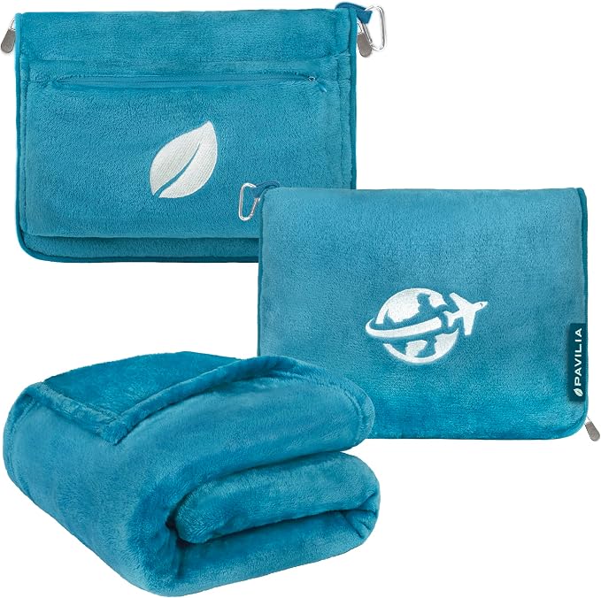 PAVILIA Travel Blanket and Pillow, Arms Opening Airplane Blankets for Adults, Compact Plane Blanket with Arm Hole 2-in-1 Bag for Flight Car Camping Fit in Luggage Backpack Traveler Gift, Teal Blue by PAVILIA