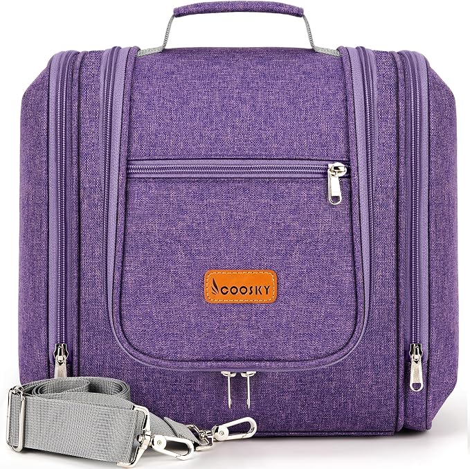 Travel Hanging Toiletry Bag for Women and Men, 6 Organizer Compartments, Holds Full Size Bottles, Extra Large Cosmetic Accessories, Makeup essentials, Bathroom Water-resistant Toiletries Bag, Purple by COOSKY