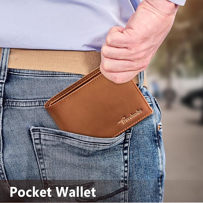 Travelambo Leather Wallet for Men, Slim Minimalist RFID Credit Card Holder | Mens Thin Bifold Pocket Wallet, Gift for Father, Tan - Image 7