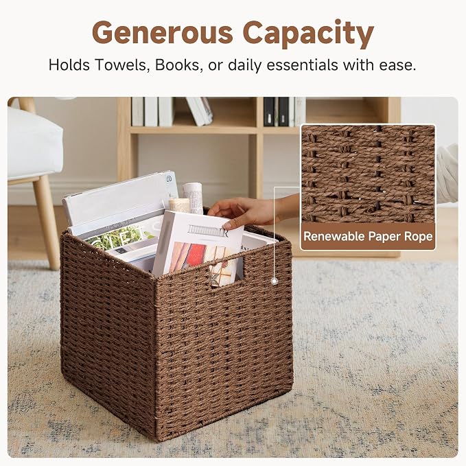 StorageWorks 13 inch Cube Storage Bins, Wicker Baskets for Storage, Brown | 2-Pack, Foldable Square Baskets, Wicker Storage Baskets for Organizing, Paper Rope Square Storage Cubes, Cube Storage Bins - Image 4