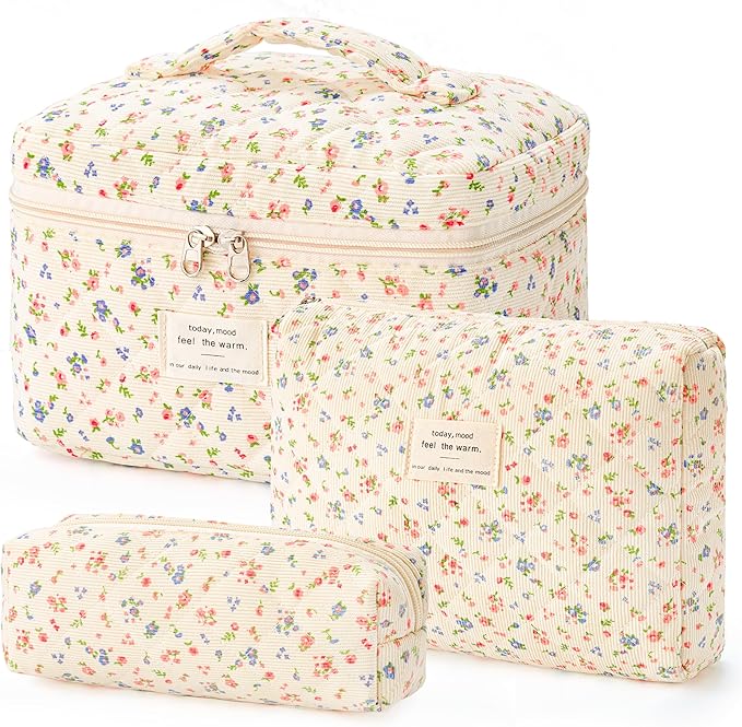 HBselect Quilted Makeup Bag, 3Pcs Cotton Large Travel Makeup Bags Organizer | Cute Floral Make up Bag Cosmetic Bag Toiletry Bag for Women Girls, Makeup Pouch for Skincare, Brushes & Travel Essentials by HBselect