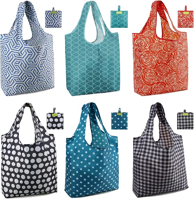 BeeGreen Geometry Reusable Shopping Bags Cute Grocery Bag 6 Pack, Christmas Gift Bags Heavy-Duty Foldable Shopping Totes for Supermarket, Work & Travel, Large Washable Polyester Tote Bag with Handles by BeeGreen