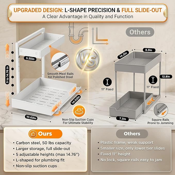 Under Sink Organizer, Bathroom Counter Organizer, 2 Packs 2-Tier Metal, Under Cabinet Storage, Makeup Storage, Adjustable Height & Slide-Out Drawer for Kitchen Bathroom, White - Image 4