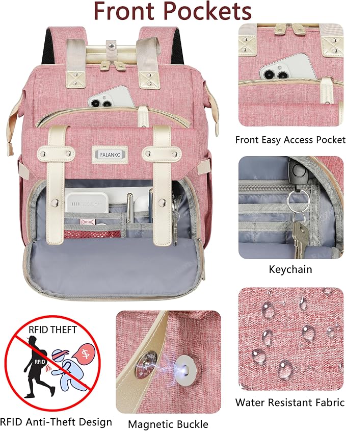 FALANKO Backpack for Women,Wide Open Work Large Student Bookbag for 15.6 Inch Laptop,Doctor Teacher Nurse College School Travel Bag,Water Resistant Laptop Bookbag Computer Back Pack Pink - Image 7