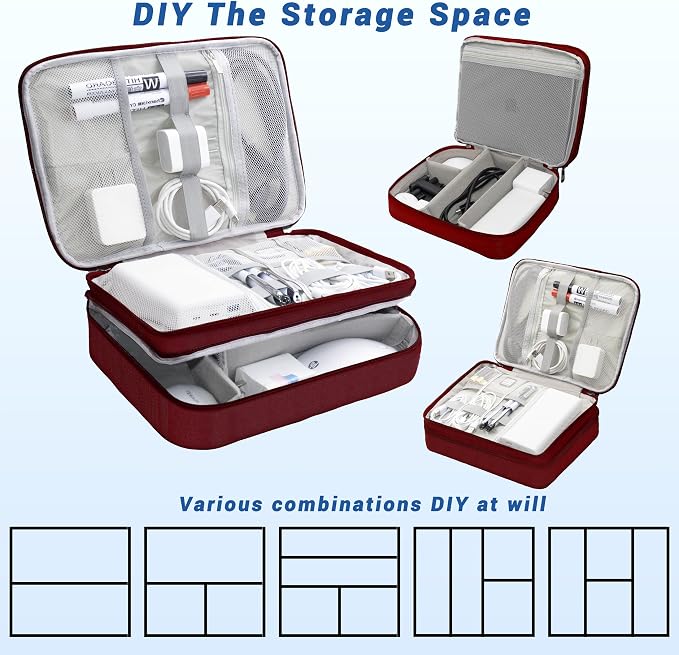 Electronics Organizer,Travel Cord Organizer Pouch,Cable Organizer Bags | Waterproof Electronic Accessories Storage Case for Cables, Cords, Charger, Phone (Three Layer-Winered) - Image 7