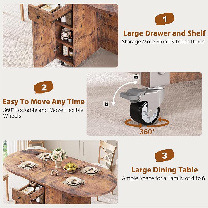 Jocoevol Round Folding Dining Table for 4, Space Saving Drop Leaf Kitchen Table with Storage Drawer, 6 Wheels Oval Gateleg Foldable Dining Table for Small Spaces(Vintage 47 * 23.6 * 30) - Image 8