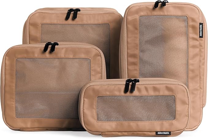 Compression Packing Cubes for Travel, 4-Pack, Mocha | Solves overpacking, 4-Piece set fits most carry-ons, 50% Space savings, Compression luggage organizer bags by Aerotrunk