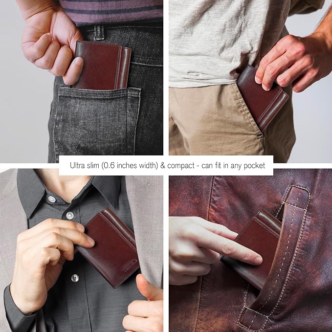 Real Leather Mens Trifold Wallet RFID Blocking Slim Minimalist Front Pocket - Thin & Stylish with ID Window in Gift Box - Image 7