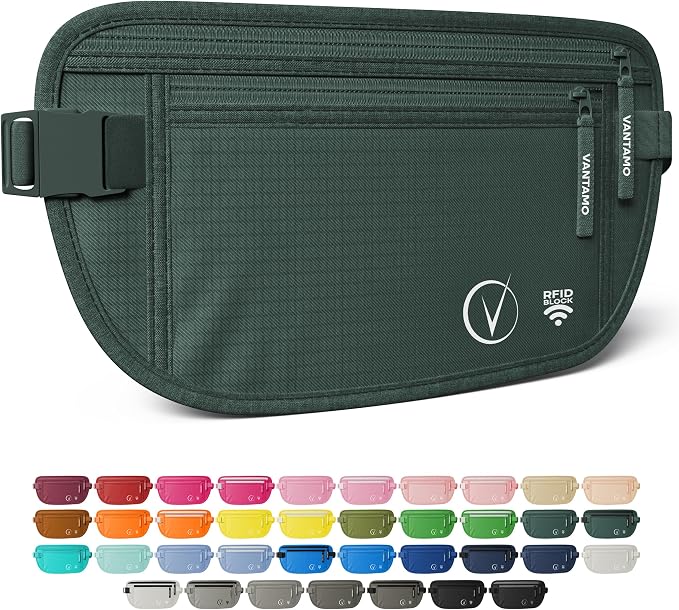 Vantamo Money Belt with RFID For Men & Women, Hidden Passport Holder for Travel, 2 Compartment Travel Fanny Pack for Women Anti Theft by Vantamo