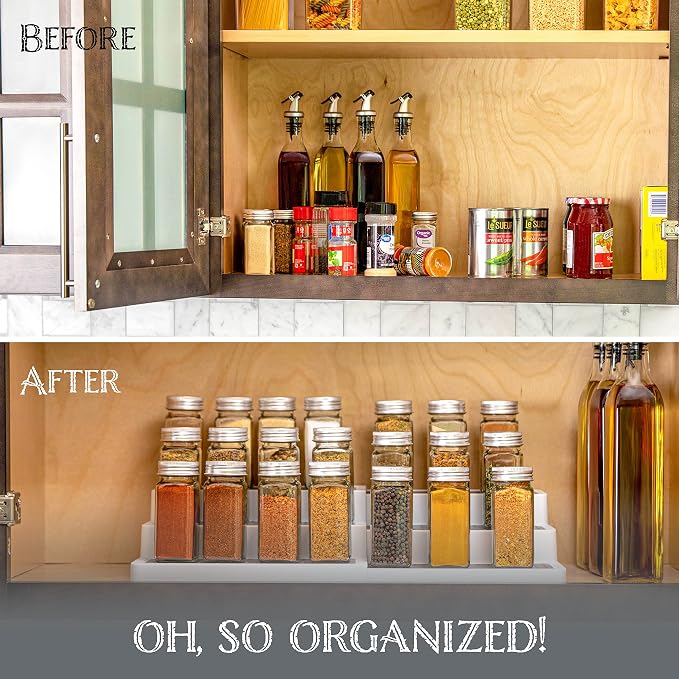 Oizeir Plastic 3-Tier Expandable Spice Rack, Adjustable Length, Stability with Non-Skid Shelf, For Easy Visibility, Organizer for Kitchen Cabinet, Pantry or Countertop, (2-Pack), White/Grey | Expandable Plastic Spice Rack Organizer, Adjustable Length 3... - Image 5