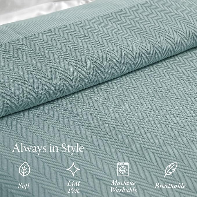 Threadmill Luxury Cotton Blankets for King Size Bed | All-Season Cozy 100% Cotton King Size Blanket | Herringbone Soft Fall Thermal Blanket fits California King Size Bed | Mist Blue - Image 4