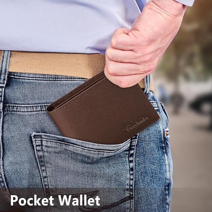 Travelambo Leather Wallet for Men, Slim Minimalist RFID Credit Card Holder | Mens Thin Bifold Pocket Wallet, Gift for Father, Crosshatch Coffee - Image 7