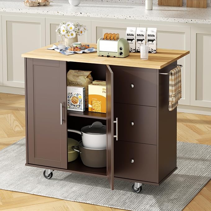 Shintenchi Kitchen Island with Folding Drop Leaf, Rolling Island Table with Storage, Kitchen Cabinet on Wheels with Seating Area for Kitchen, Bar Cart with Cabinet, Brown - Image 2