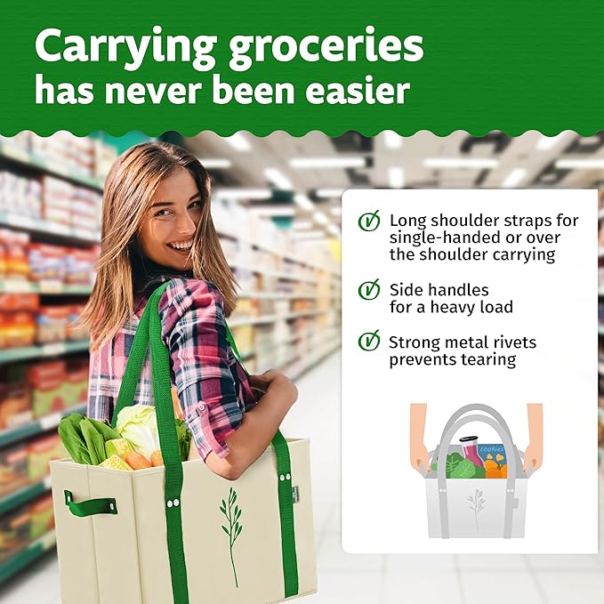 Green Bulldog Reusable Grocery Bags - Heavy Duty Reusable Shopping Tote Bags W/Long Handles, Foldable & Collapsible, Holds Up to 65 lbs - for Kitchen, Picnic 3 Pack - Image 3