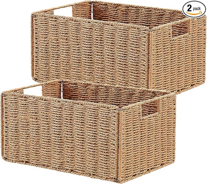 Wicker Storage Basket, Set of 2 Hand-Woven Paper Rope Wicker Basket, Small Storage Baskets for Organizing Toilet Paper, Foldable Large Cube Storage Organizer Bins for Shelves (Natural) by Vagusicc