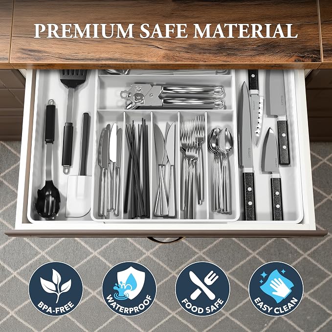 Simple Houseware Expandable Kitchen Drawer Flatware Organizer, White | Expandable & Adjustable Cutlery Drawer Organizer - Large Utensil and Flatware Tray for Kitchen Drawers - Image 5