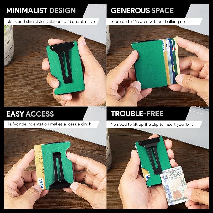 Minimalist Wallet for Men, Slim Metal RFID Blocking Wallet Credit Card Holder Money Clip & Cash Strap, Scratch-Resistant Holds 15 Cards,Ideal Gift for Men | Matte Forest Green - Image 6