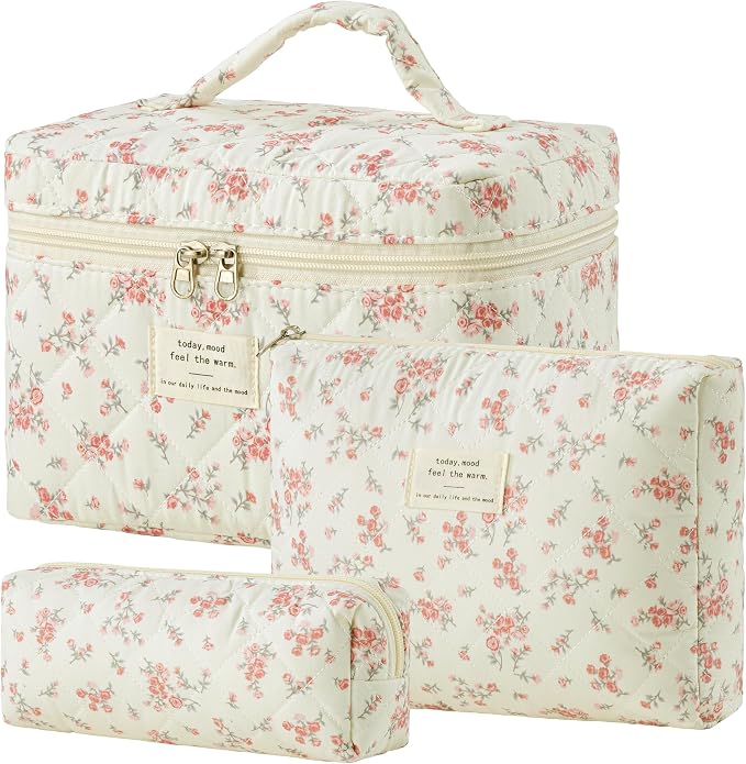 HBselect Quilted Makeup Bag, 3Pcs Cotton Large Travel Makeup Bags Organizer | Cute Floral Make up Bag Cosmetic Bag Toiletry Bag for Women Girls, Makeup Pouch for Skincare, Brushes & Travel Essentials by HBselect