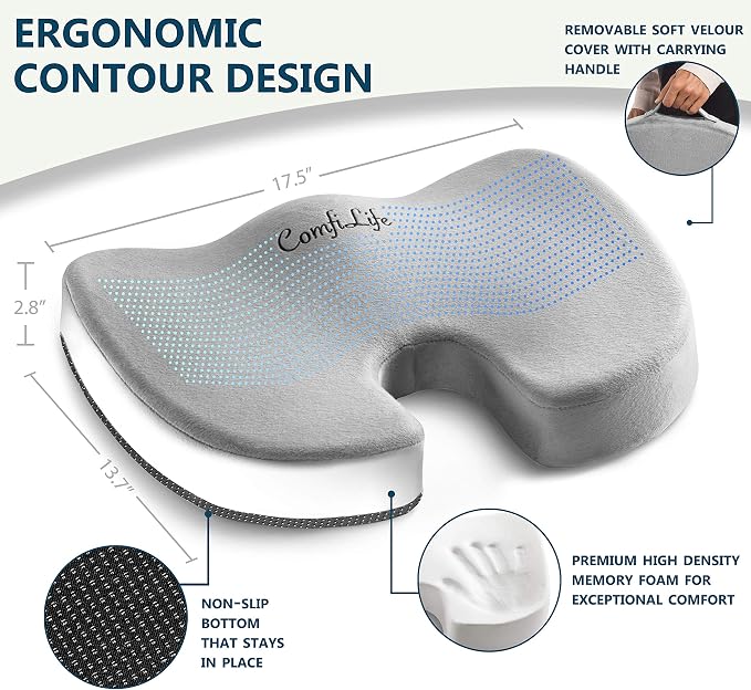 ComfiLife Premium Comfort Seat Cushion - Non-Slip Orthopedic 100% Memory Foam Coccyx Cushion for Tailbone Pain - Cushion for Office Chair Car Seat - Back Pain & Sciatica Relief (Gray) - Image 3