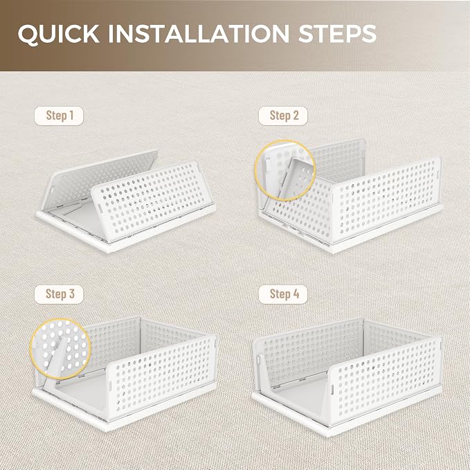 6 Pack Closet Organizer Storage Bins Stackable Plastic Drawer Shelf | Basket for Clothing Stackable Storage Bins Shelf Storage Container for Closet Wardrobe Bedroom Bathroom Office White Foldable - Image 8