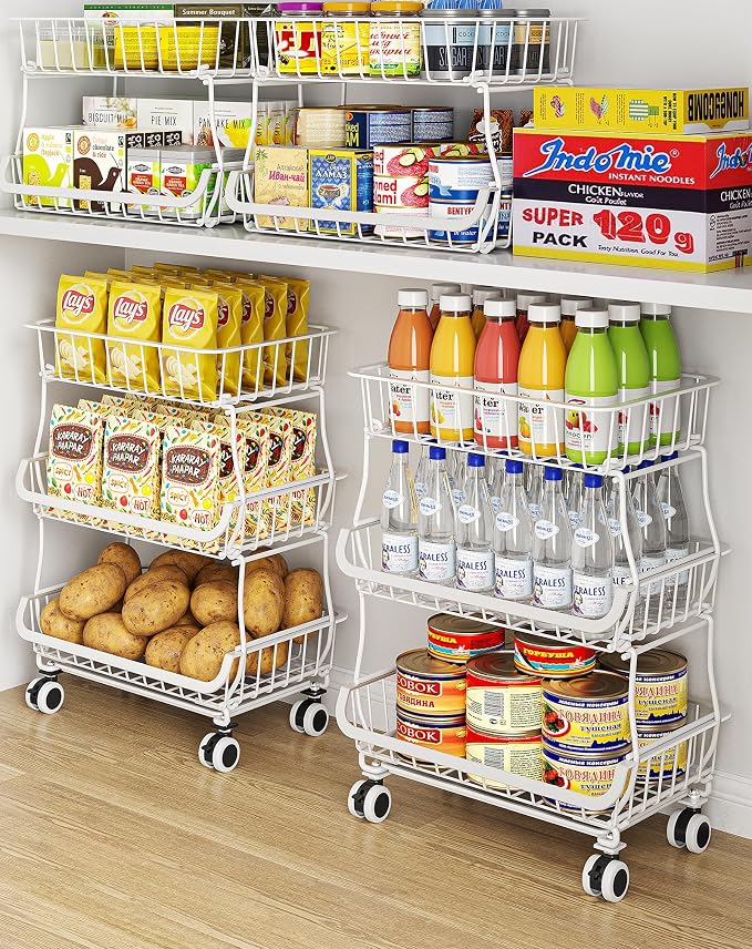 OKZEST 3-Tier Rolling Pantry Floor Organizers and Storage Cart with Wheels | Fits under pantry shelf, Stackable kitchen pantry baskets with dirt catch tray, Holds drink, snack, can, potato, onion, fruit by OKZEST